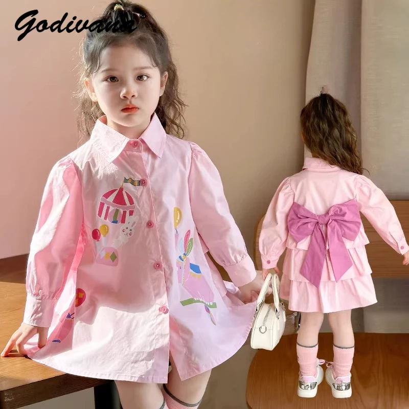 

Little Girls Spring and Summer Shirt Dress 2026 New Long Sleeve Cartoon Print Shirt Dress Baby Girl Sweet Bow Breathable Dresses