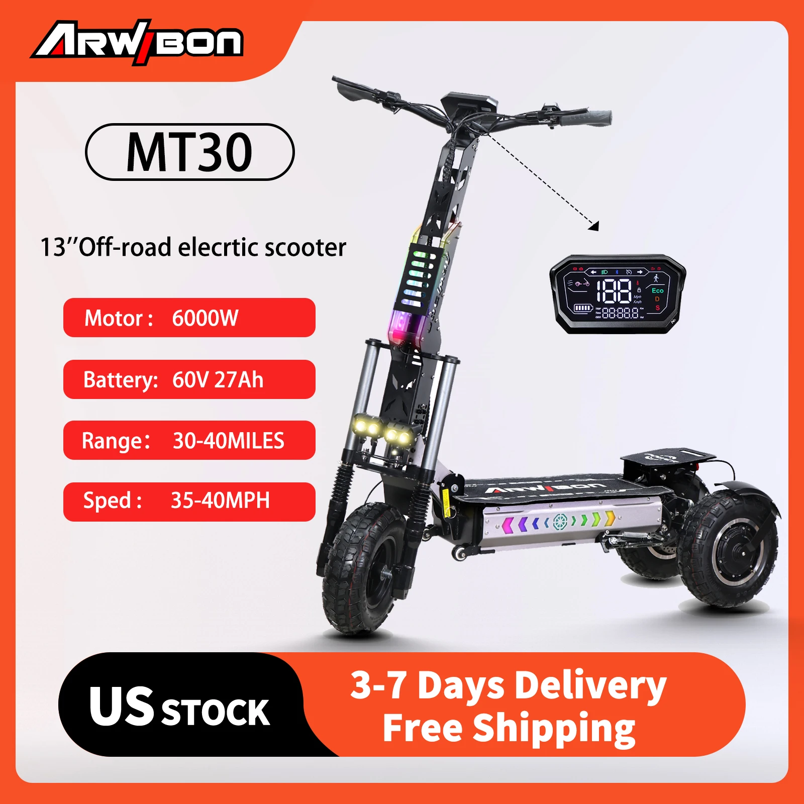 Arwibon MT30 6000W Adult Electric Tricycle Speed up to 40MPH 60V 27Ah 13inch off-road tires foldable commuting sports E-tricycle