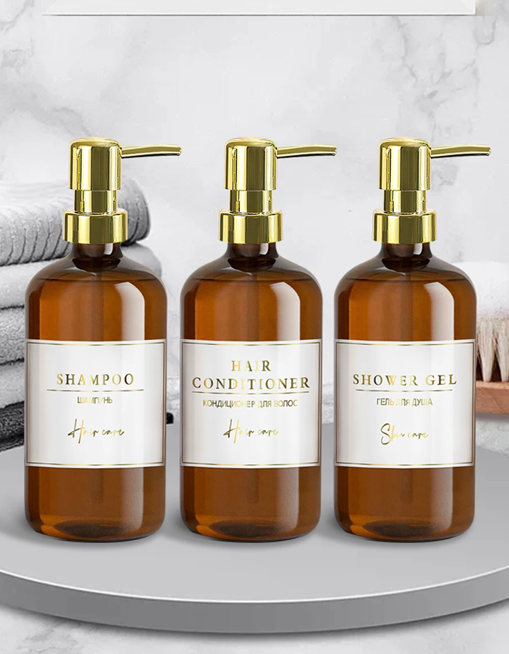 Amber Soap Dispenser Set, Shower Shampoo Conditioner and Shower gel Bottle Set with Waterproof Labels for Bathroom Decor