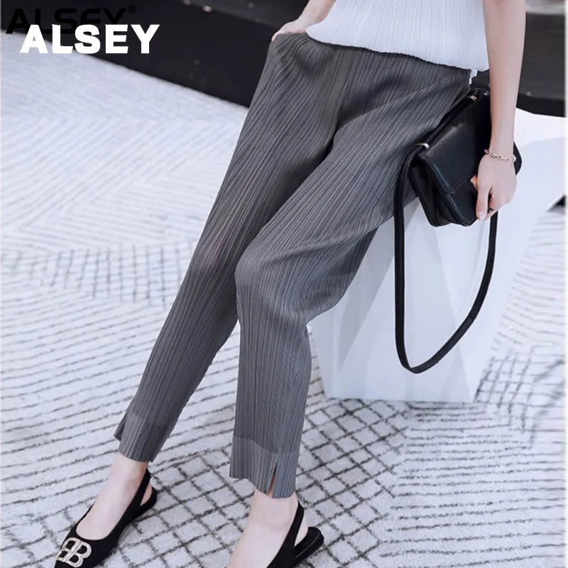 

ALSEY Miyake Pleated Fashion Cropped Pants Spring Summer New Solid Color Plus Size Slim Small Leg Casual Banded Split Pants