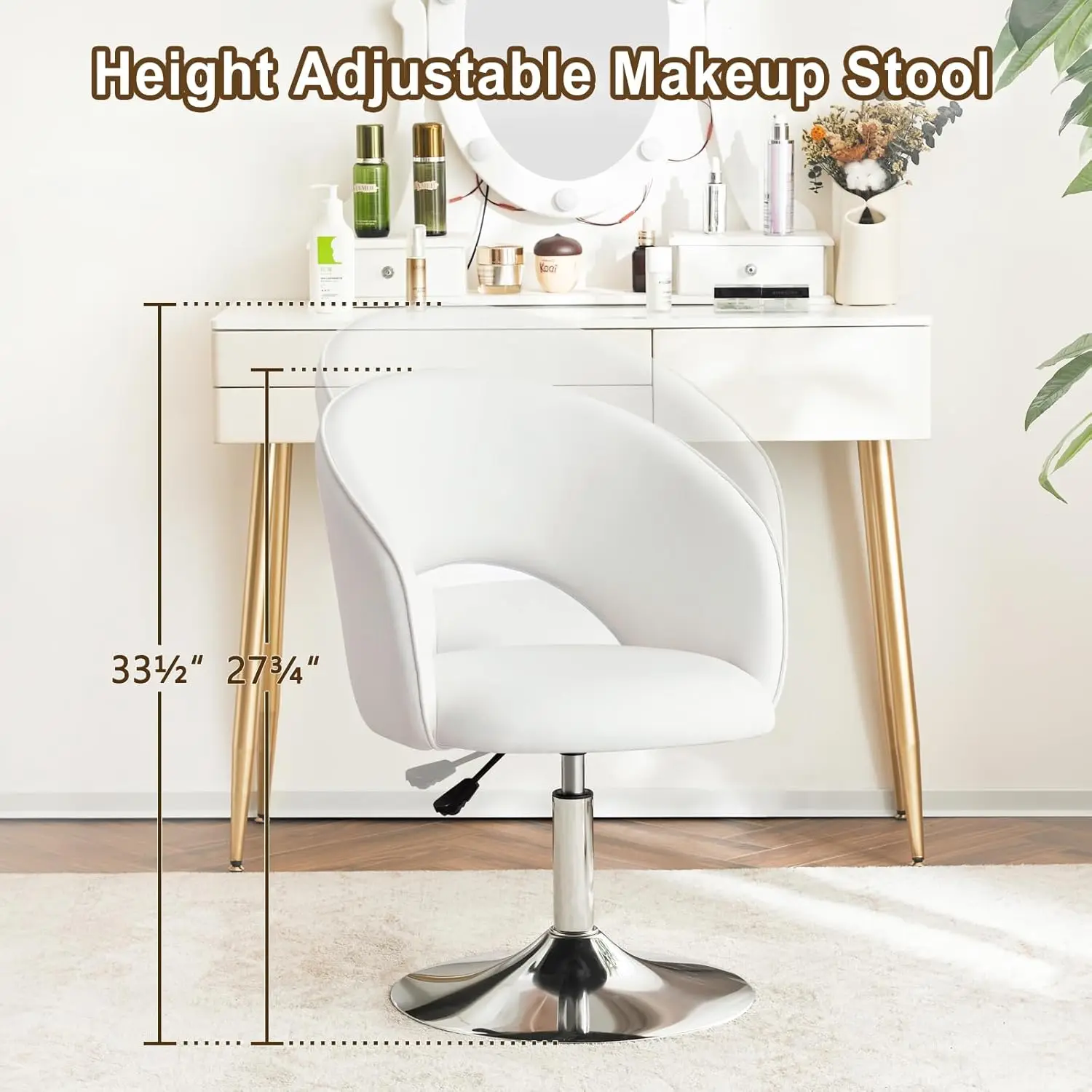 Vanity Chair White Leather Vanity Stool, Height Adjustable Accent Chair with Back, Round Swivel Makeup Chair for Living Room Bed