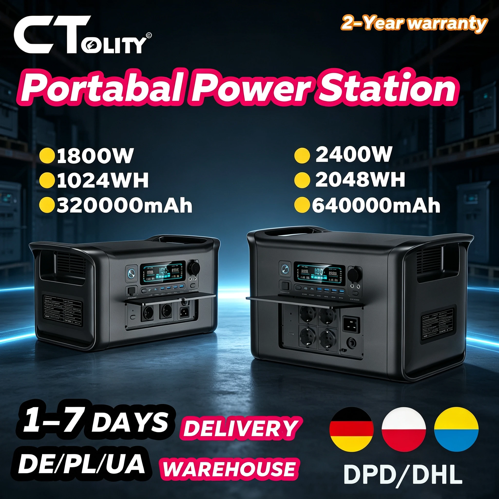 CTOLITY 2400W 1800W Powerstation für Outdoor-Camping, tragbar, 2048Wh Solar-Generator, 1024Wh LiFePO4-Batterie, 220V Powerbank, Notstromversorgung für Zuhause, Notfallbatterie, Solar-Ladestation für