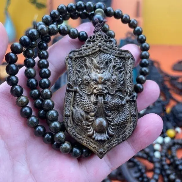 6mm*108 Beads Necklace Natural Agarwood Prayer Beads Dragon Carved Lucky Pandent