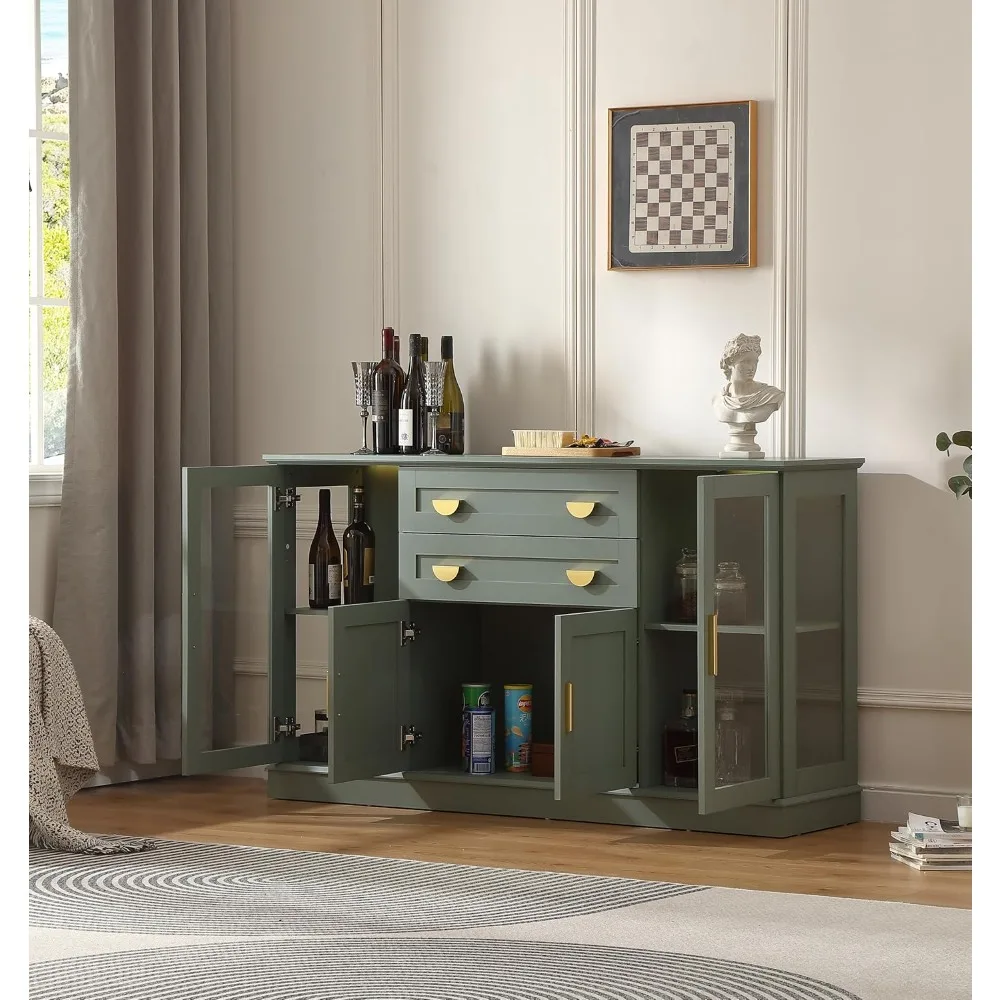 Armário buffet de 58,27 ''com 2 gavetas e prateleiras ajustáveis, armário grande de bar de café com porta de vidro, aparador moderno de fazenda