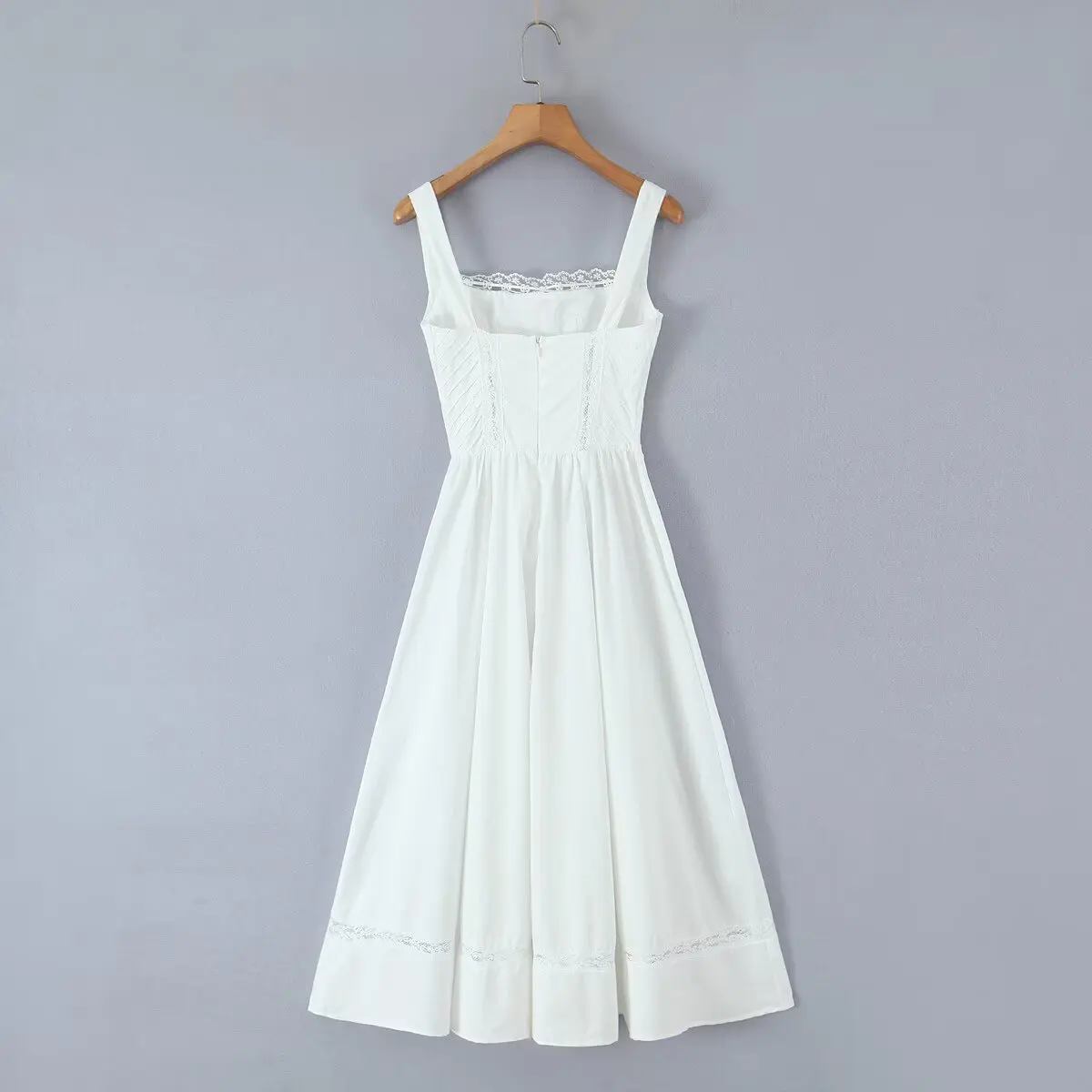 Jastie レーススプライシングエレガントなホワイトノースリーブドレス女性スクエアネック A ラインミディサマードレスパーティーローブ 2025