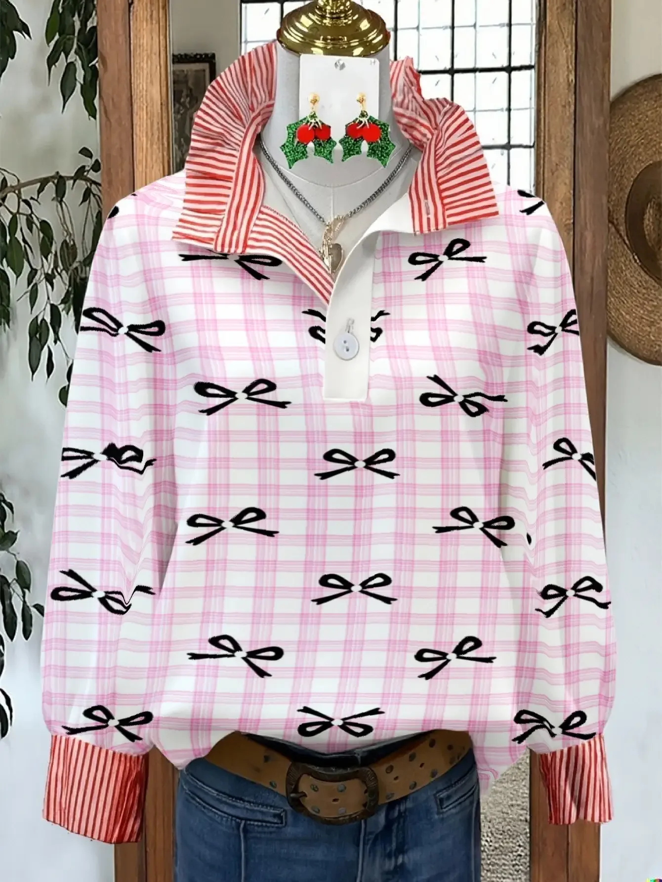 

Ladies' elegant top long sleeved shirt, stand up collar style, personalized fashion pattern, Youthful fashion, soft touch fabric