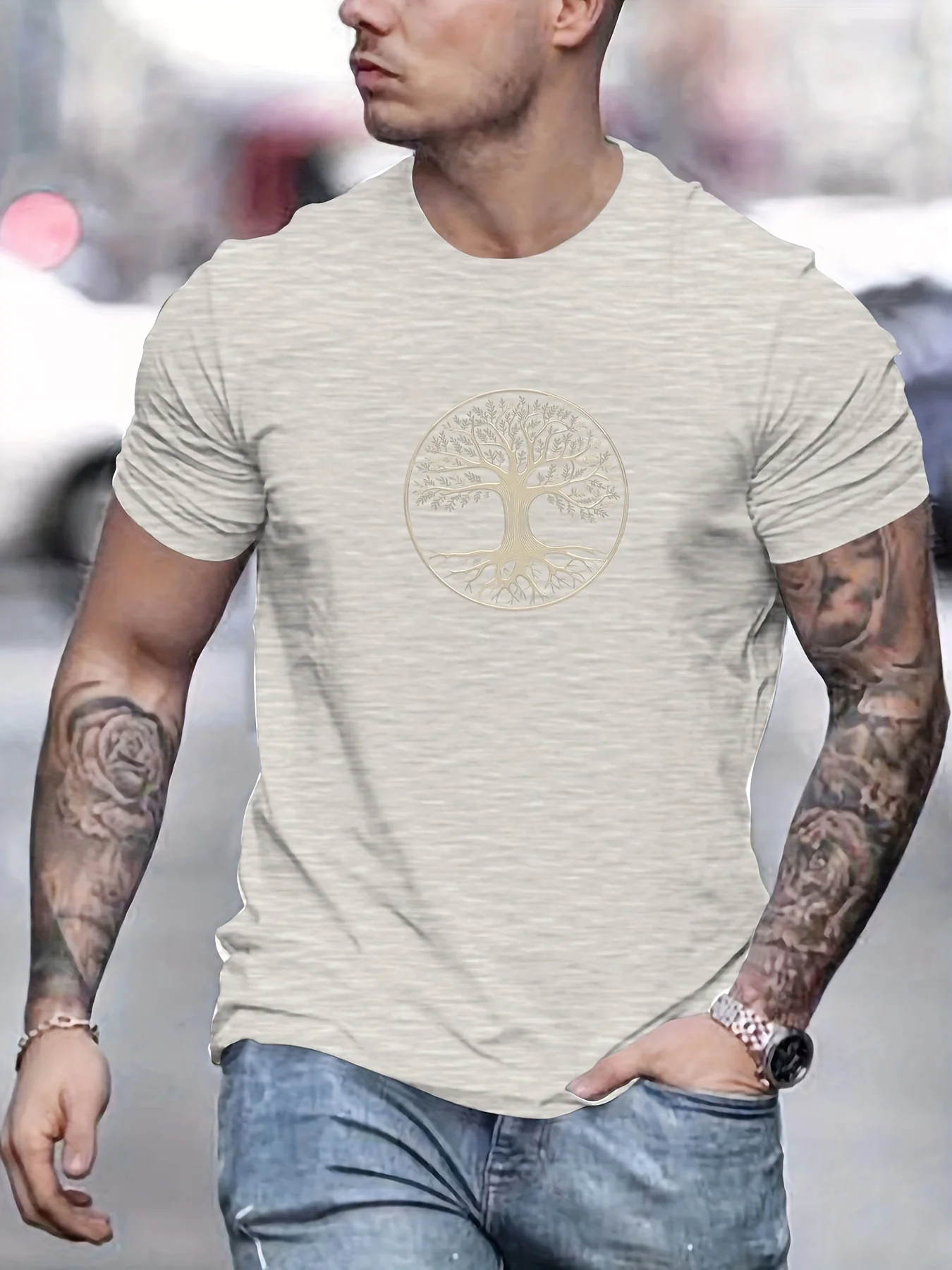 Men's round neck short sleeved T-shirt top summer 100% pure cotton fashionable casual sports wide pine pattern printed Clothing image 2