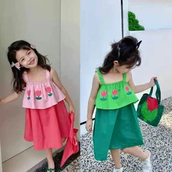 Summer Sling Girls Dress Children Clothing Fake Two Pieces Candy Color Suspender Sweet Floral Vestidos Baby Kids Clothes