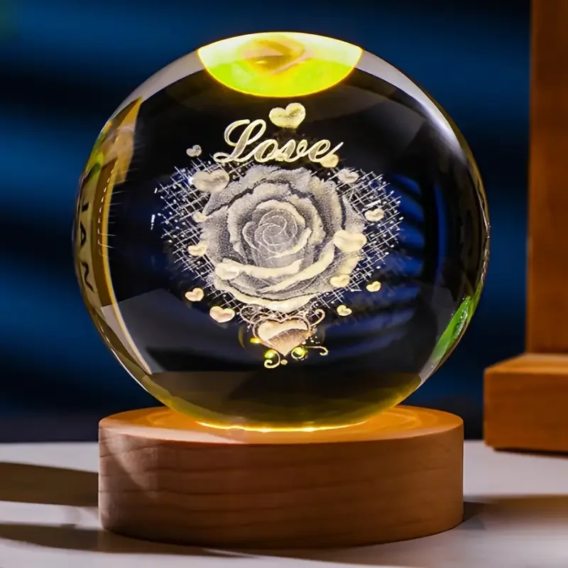 

1pc 3D laser engraving ‌‌‌‌‌‌‌‌ Rose love crystal ball night light, modern polished glass decoration, Christmas, Halloween, Than