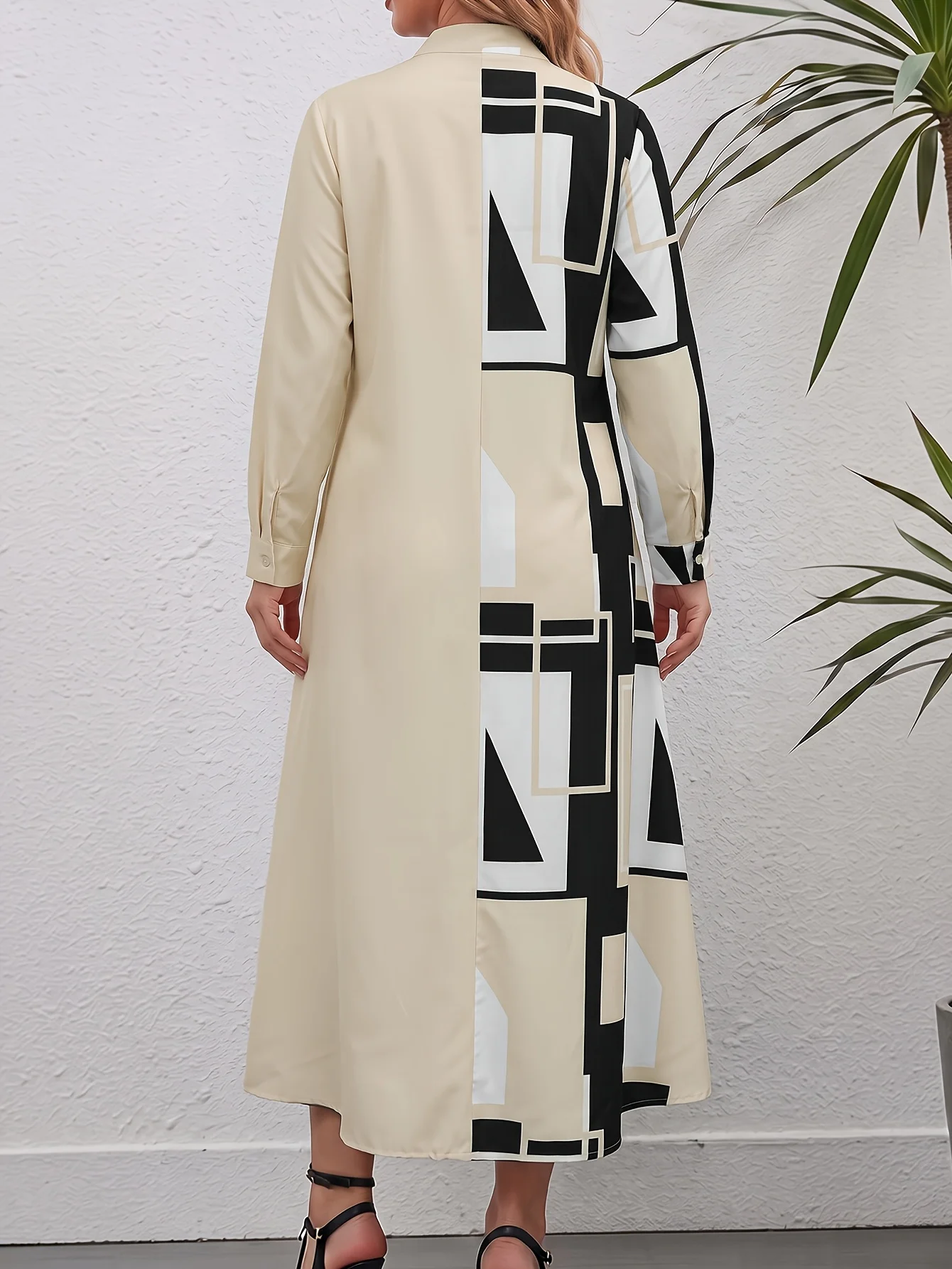 Plus Size Women Geometric Print Long Shirt Dress V Neck Button Down Loose Casual Maxi Dress