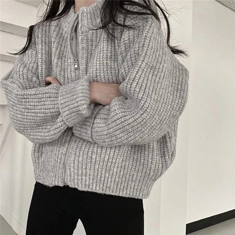 

Winter Autumn Solid Color Knitwear Cardigan For Women Warm Zipper Coat Long Sleeved Loose Fit Oversized Neck Sweater Tops