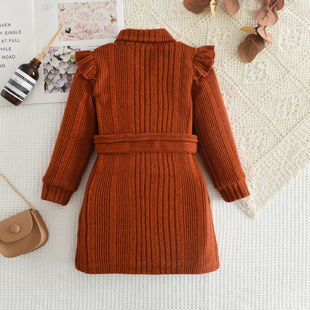 Bear Leader Girls\' Woolen Dress 2023 New Children\'s Autumn Winter New High Neck Flying Sleeve Lace up Knitted Long Sleeve Dress