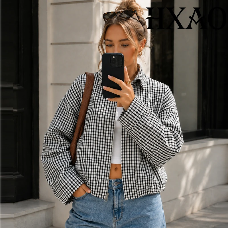 HXAO Women's Cropped Bomber Jacket Vintage Demi-Season Plaid Jackets Chic Zip Up Oversized Long Sleeve Tops Checked Outerwear