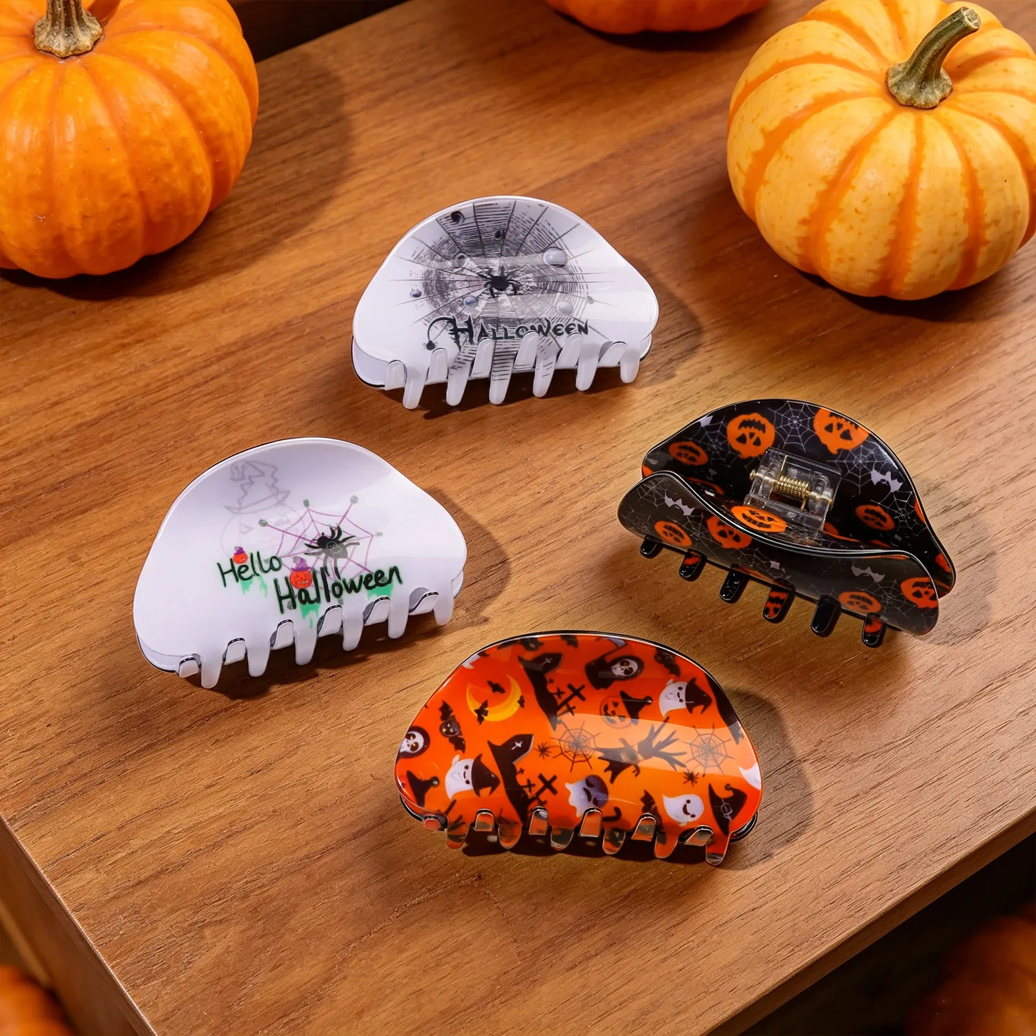 PVC Halloween Hair Claw Clips Pumpkin Ghost Spider Print Spooky Holiday Hair Accessories for Women