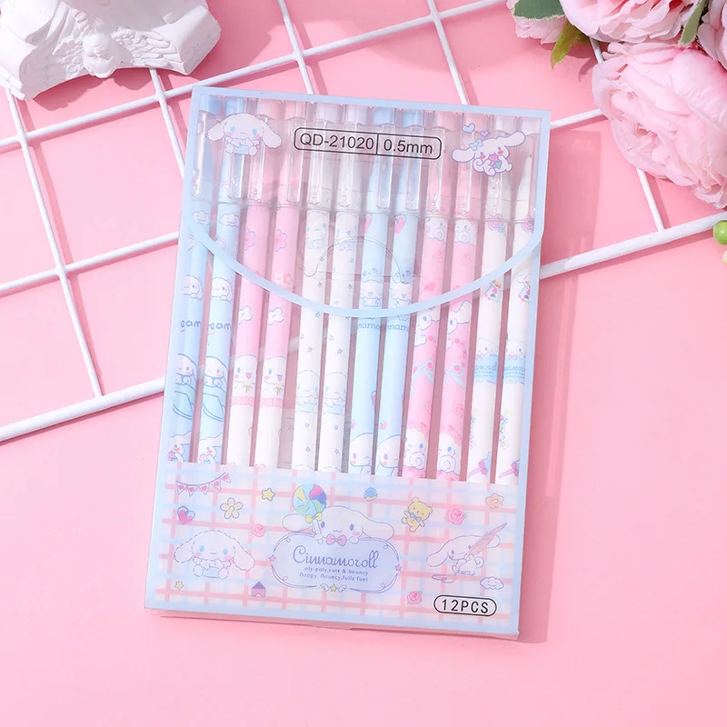 12Pcs Sanrio Erasable Pen Mymelody Kuromi Cinnamoroll Blue Ink Writing Refill Signature Tool Push Button School Office Supplies