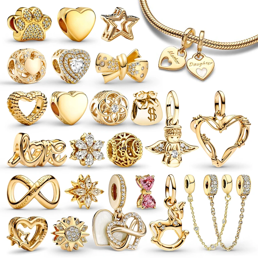 

Новые оригинальные сверкающие золотые шармы для самостоятельного изготовления ювелирных украшений, подарки, защитная цепочка, бусины с отпечатками лап, сияющие звезды, бантики, подходят для оригинальных браслетов