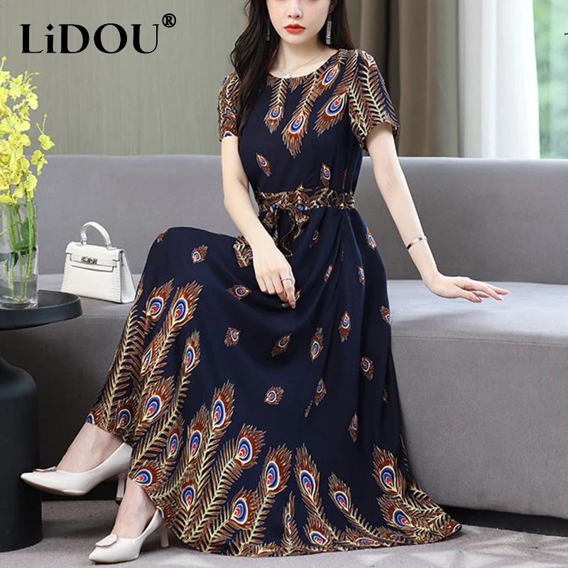 2023 Summer Bohemian Beach Holiday Casual Dress Ladies Short Sleeve Waist Lace Up Long Robe Dresses Women Floral Print Vestidos