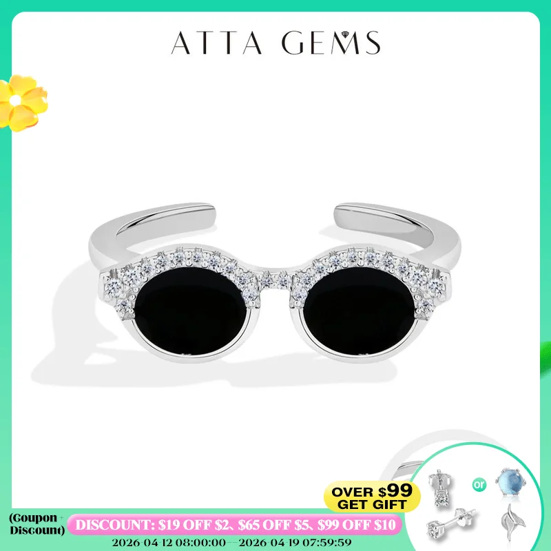 

ATTAGEMS Cool Mini Glasses Moissanite Ring for Woman S925 Sterling Silver Adjustable Band Couple Open Rings Party Jewelry Gifts