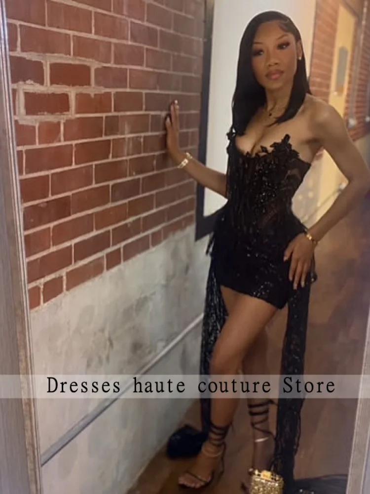Aso Ebi – robe de bal noire en strass, sans bretelles, avec Cape, sirène, africaine, élégante, Mini robe de Cocktail, personnalisée