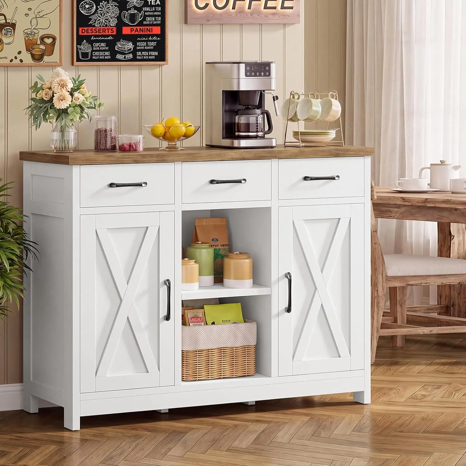Storage Cabinet Coffee Bar Cabinet 3 Drawers 2 Adjustable Shelves & 2 Doors Buffet Kitchen Dining Living Room White, Customized