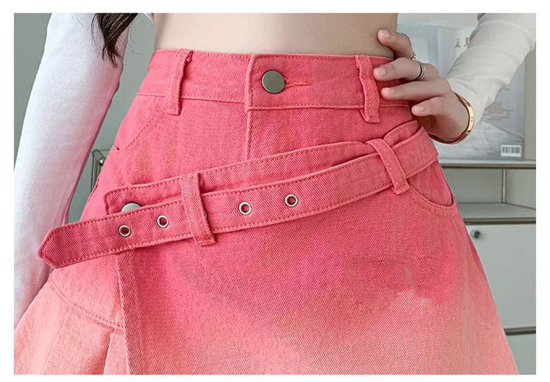 2024 Women's Spring/Summer Barbie Pink Gradient Denim Short Skirt Fashion American Spicy Girl Y2K Subcultural Pleated Cute Skirt