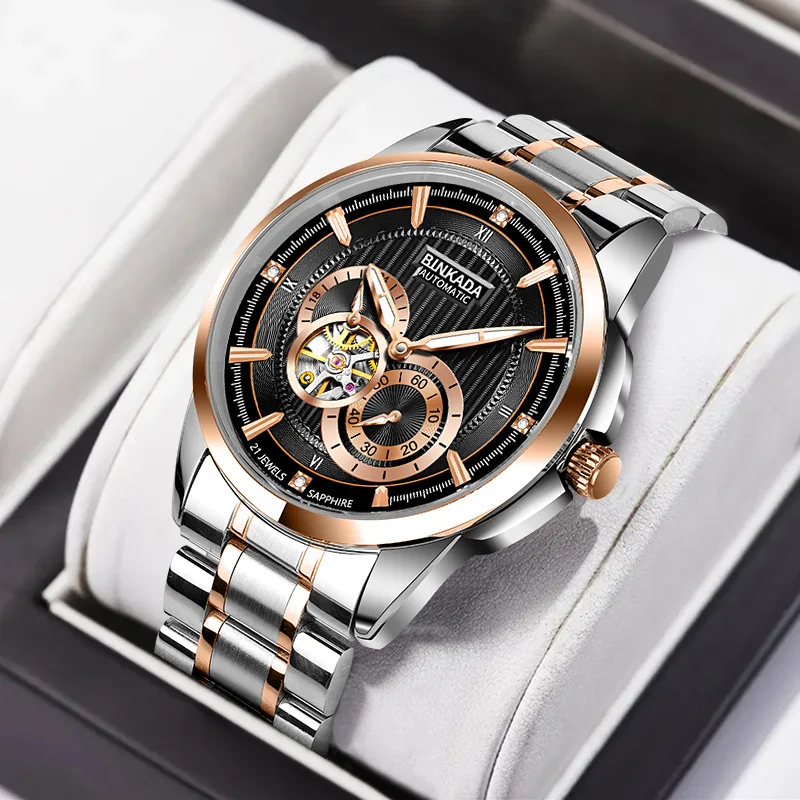 

BINKADA Mechanical Watch Hollow Dial Automatic Movement Tourbillon Watches Stainless Steel Waterproof Skeleton Men Wristwatch