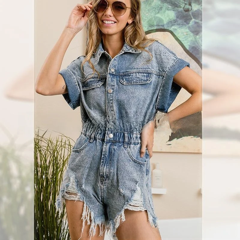 

Ripped Jumpsuit Shorts with Elastic Waistband Stocking Style British Fashion Mid-Elasticity Blue Denim Women's plus Size Jeans