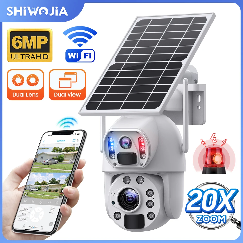 SHIWOJIA 6MP Solar 4G/WIFI Camera 20X Zoom Dual Lens Recording Humanoid Tracking Outdoor Camera Metal IP67 Waterproof