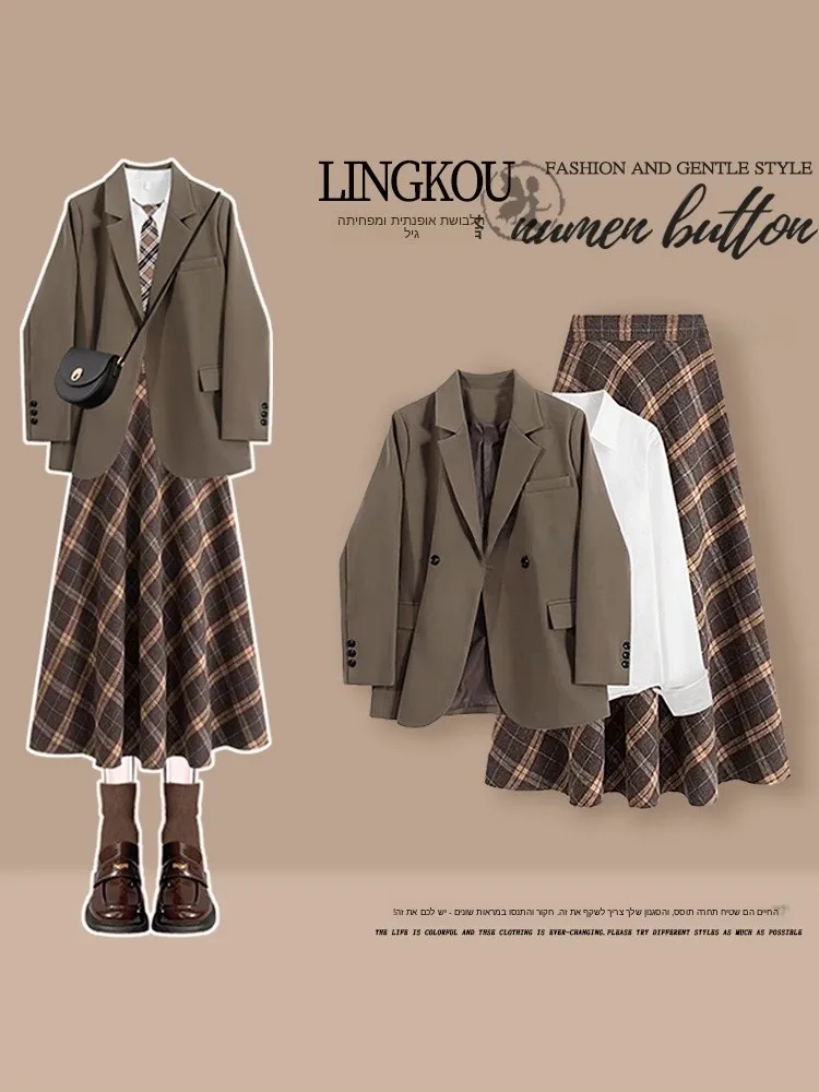 

Casual Autumn Three-Piece Set Women's Beautiful Age-Defying Suit Jacket Base Shirt Plaid Skirt Comfortable Loose Fit