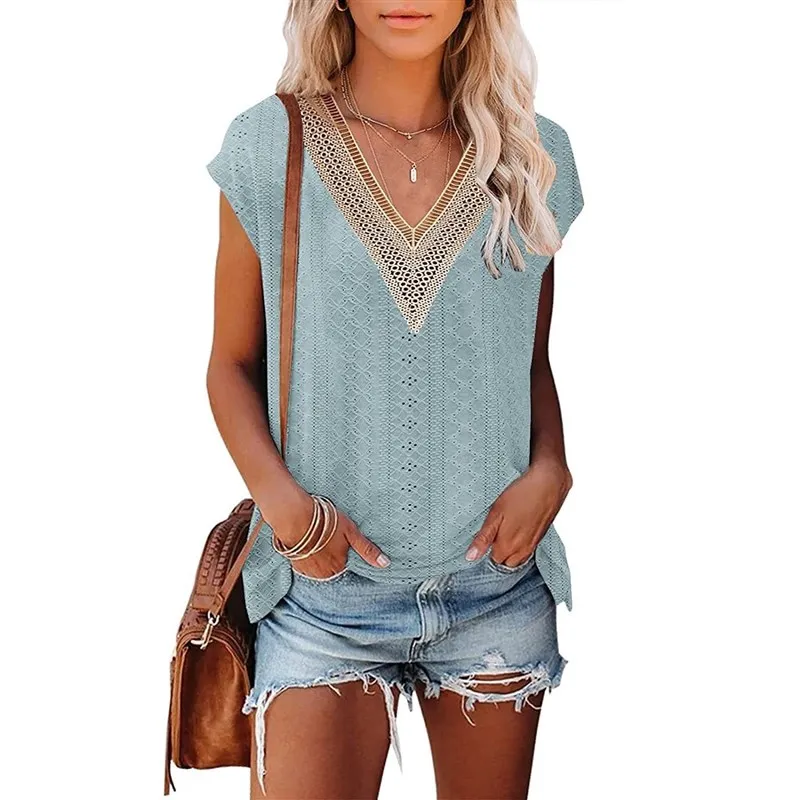 

Женская футболка с кружевным воротником и перфорированным дизайном ort Sve Cotton Summer Faion Commute Sle Color T-shirt