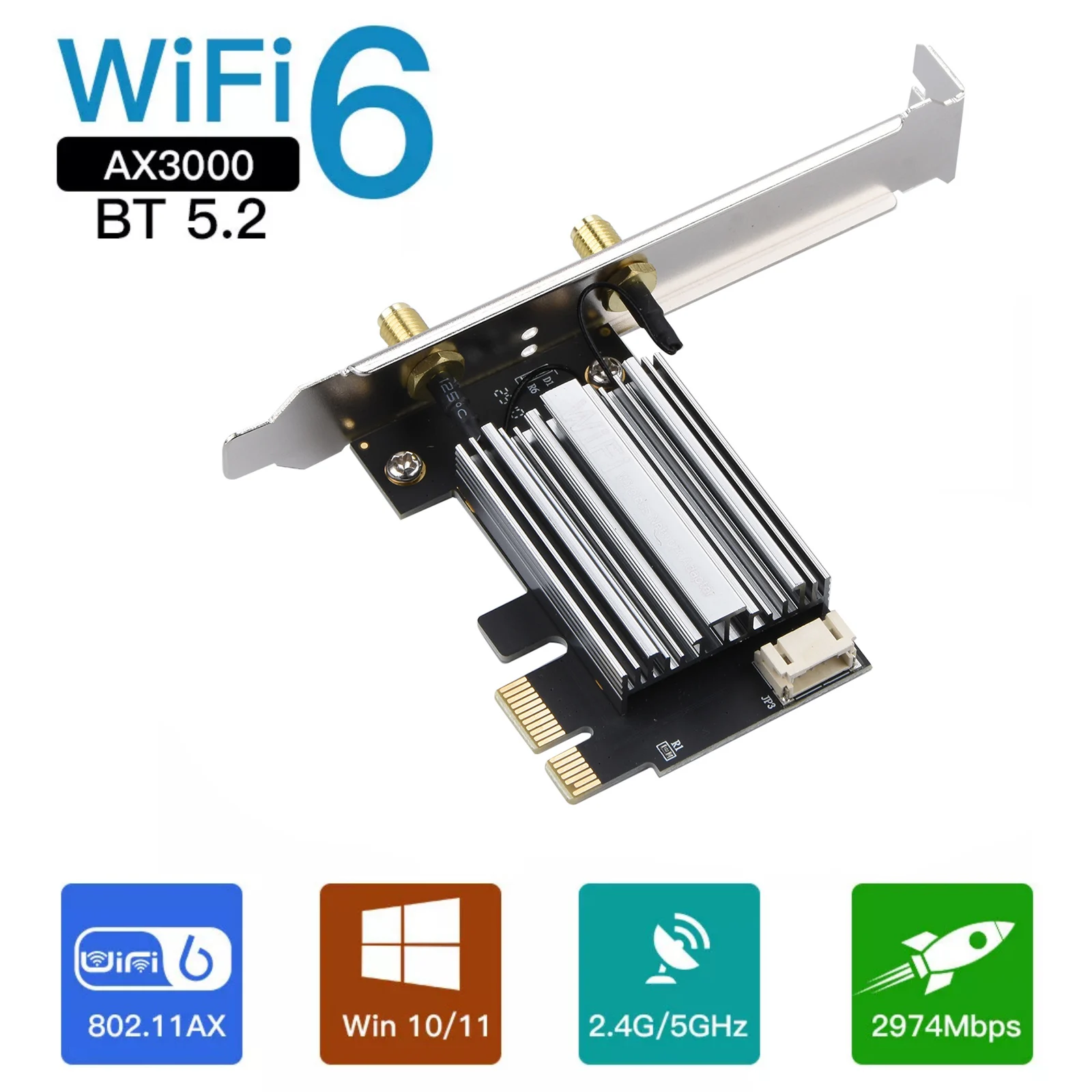 AX3000 2974Mbps WiFi 6 Adapter Bluetooth 5.2 Dual Band 2.4G/5Ghz Wireless PCIE Adapter 802.11AX Network Card For PC Win 10/11