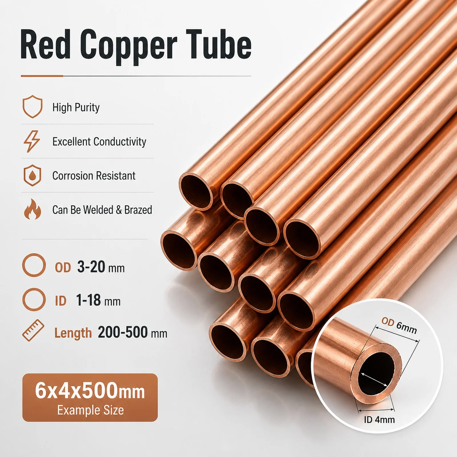 1Pcs Pure Red Copper Straight Pipe Hollow Metal Tubing OD3-20mm ID1-18mm Length 200-500mm Industrial Copper Tube
