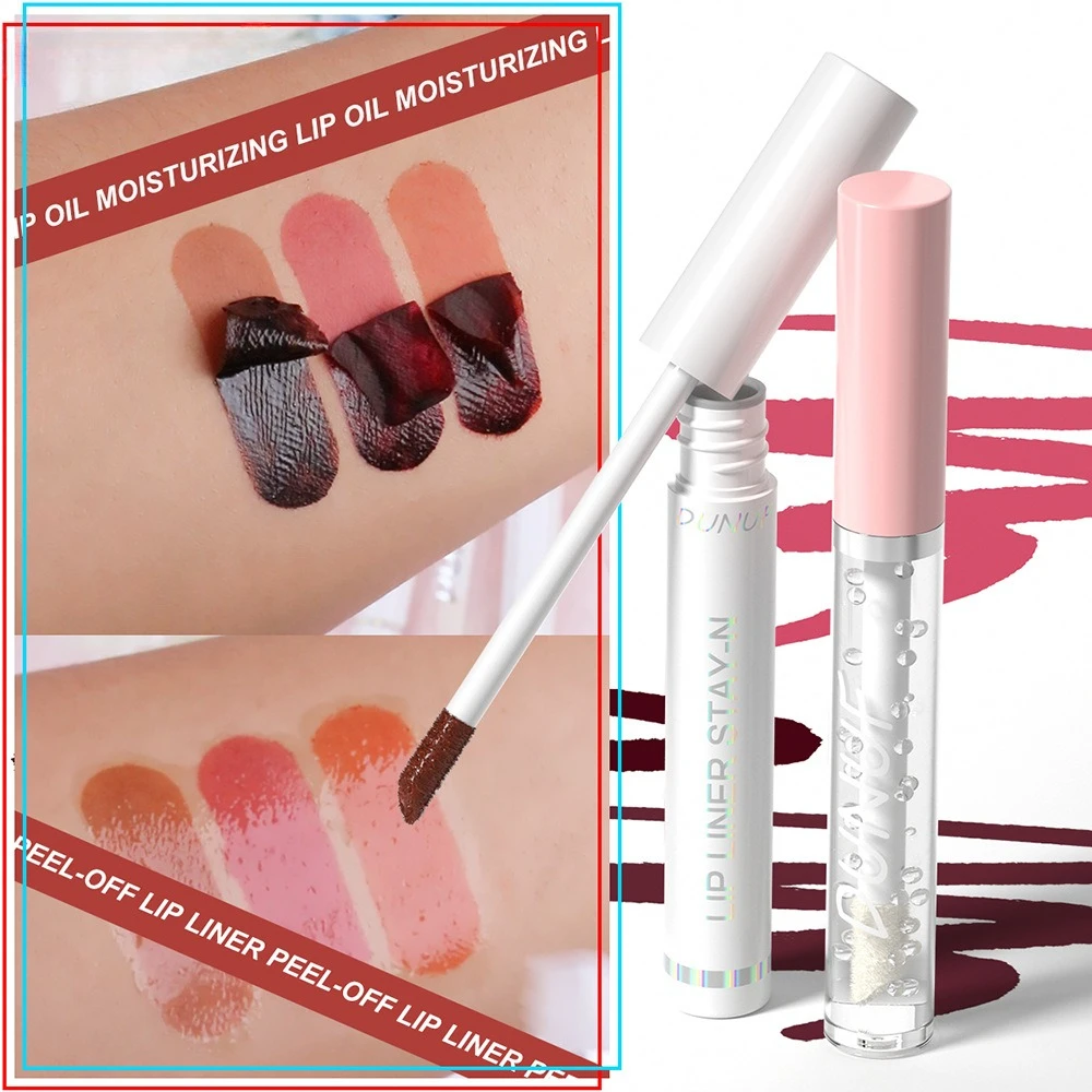 2 Pcs Peel Off Lip Liner and Lip Oil Set Long Lasting Moisturizing Non Transfer Lip Stain Waterproof Smudge Proof for Woman