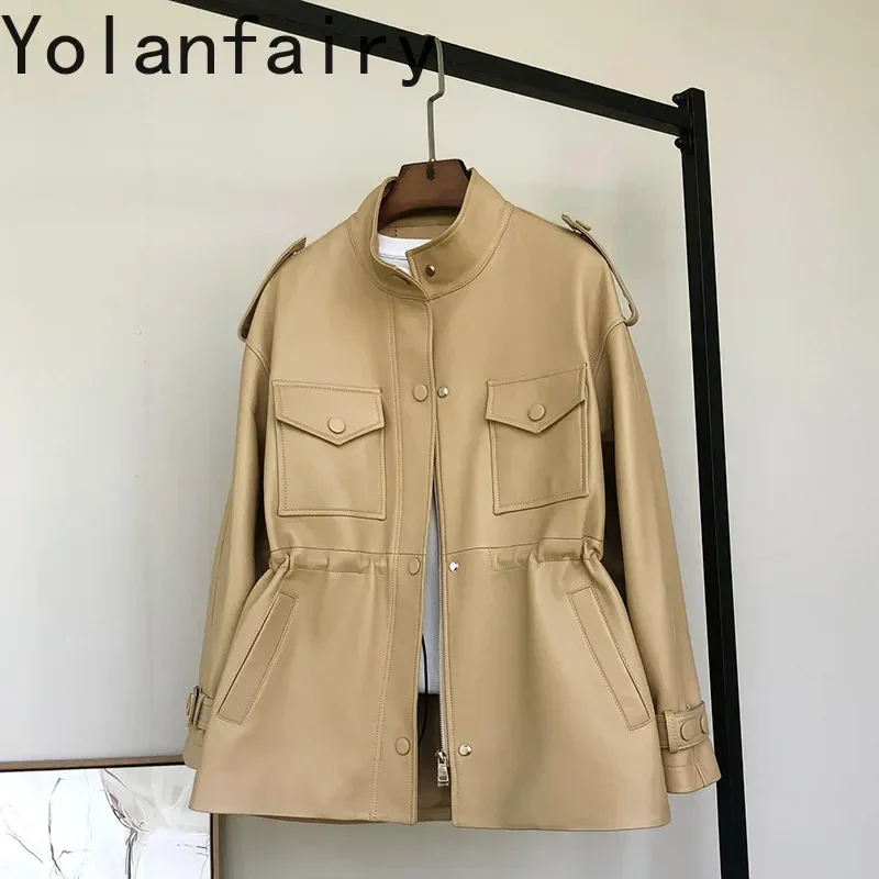 YOLANFAIRY Giacca in pelle da donna Donna Trench medio lungo in pelle di pecora naturale Abbigliamento femminile Autunno Jahжа Gesù Куртка Ж Dönusen