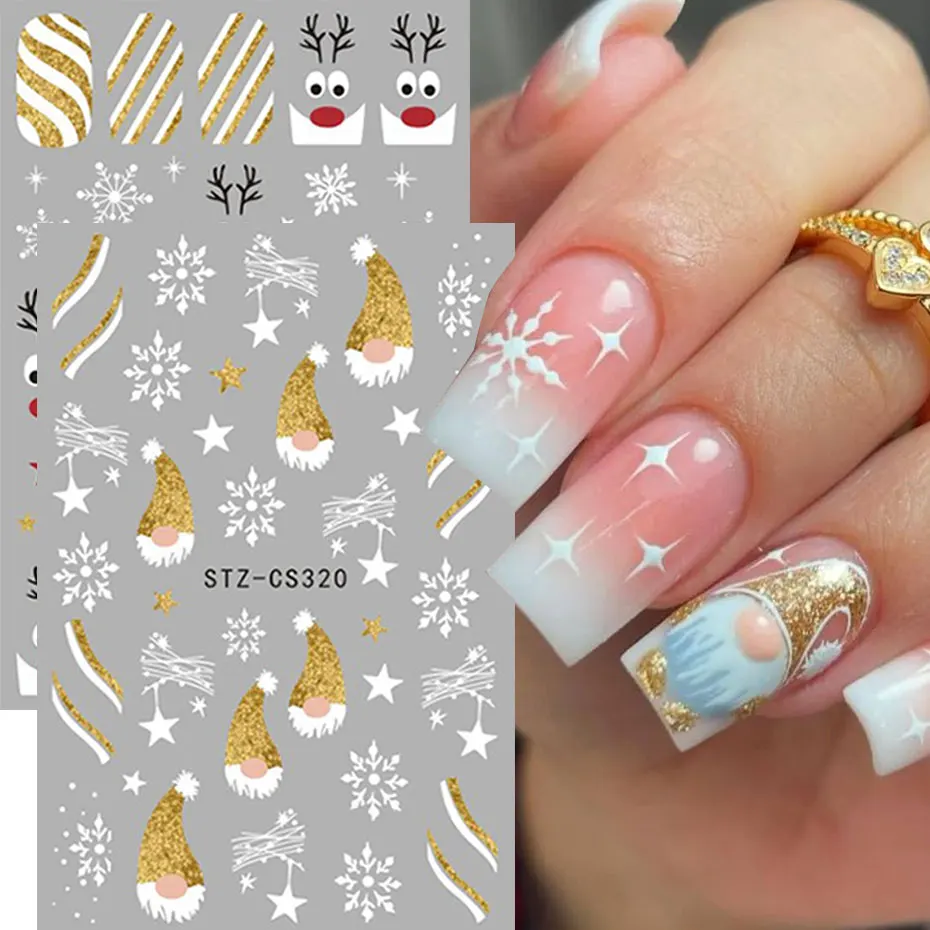2 pezzi di cartone animato oro glitter adesivo per unghie Babbo Natale 3D carino alce di Natale fiocchi di neve cursore per unghie stella inverno capodanno forniture per unghie