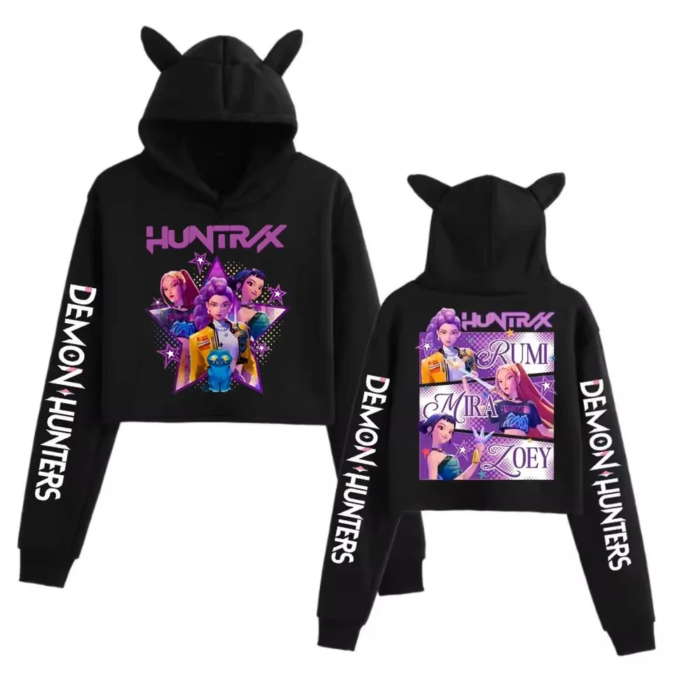 KPop Demon Hunters-sudaderas con capucha cortas con estampado de orejas de gato para mujer, Sudadera con capucha a la moda para chicas adolescentes Y2K, ropa de calle, jerséis informales con capucha