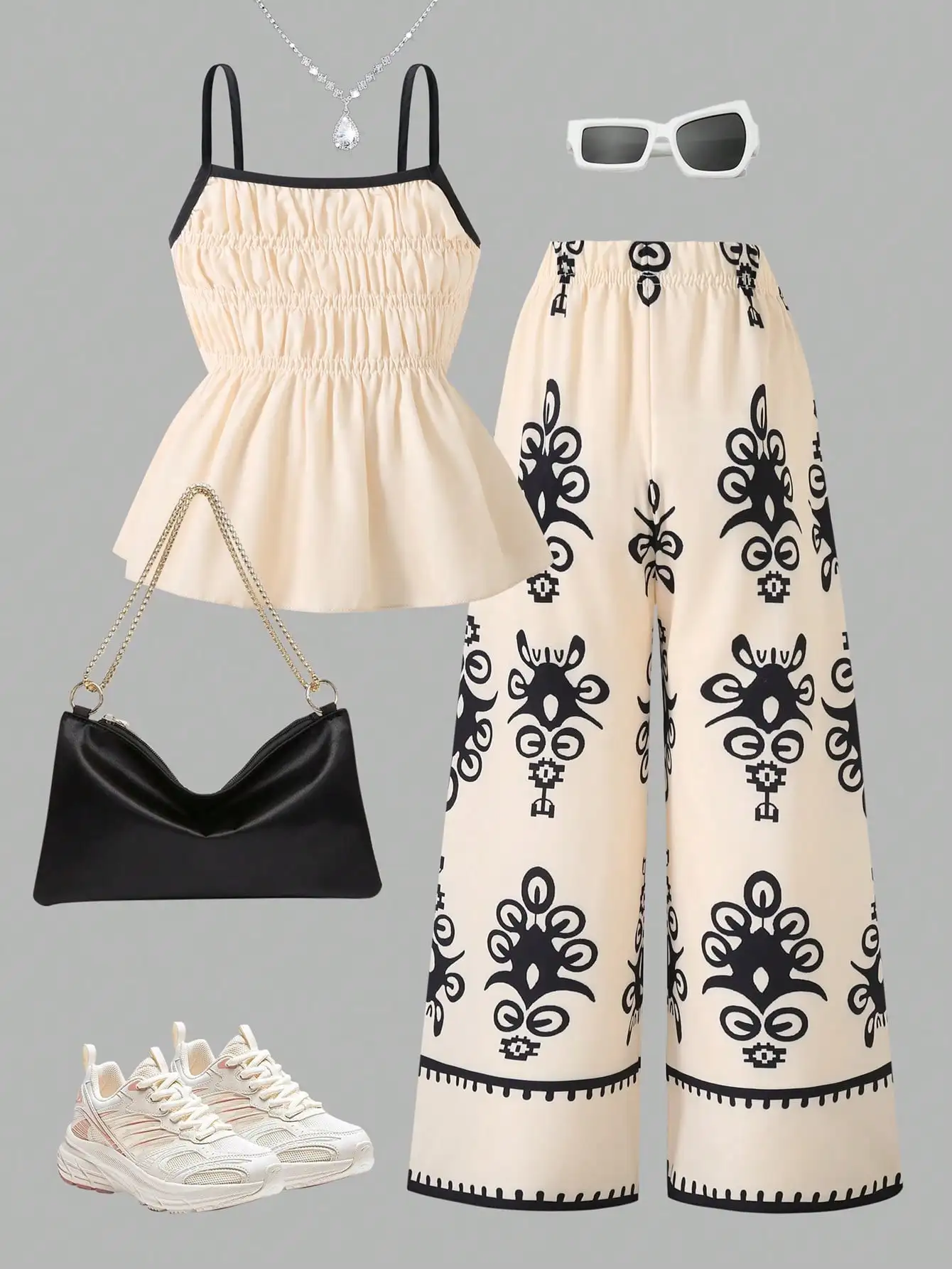 (5095) Girls' Holiday-Style Retro Ruched Camisole + Patterned Long Pants Set. Girls' Holiday-Style Outfit. Comfortable and Lightweight. Suitable for Summer Outings. Simple Ruffle Camisole Paired with Printed Wide-Leg Pants, Suitable for Beach Trips, Summer Outings, and Family Travel Photography.