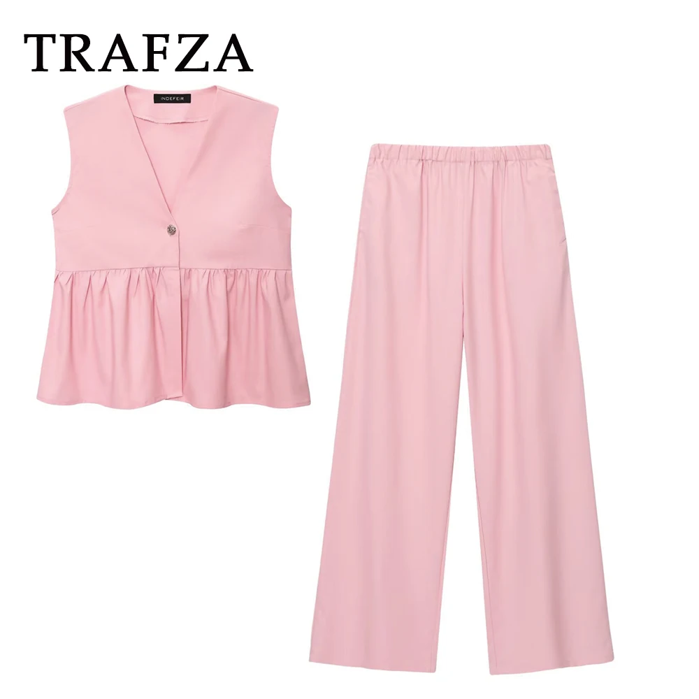 

TRAFZA Chic Elegant Pink Summer Casual Woman Suit V-Neck Sleeveless Tops+Zipper TAT Loose Long Pants Female Fashion 2025 Suits
