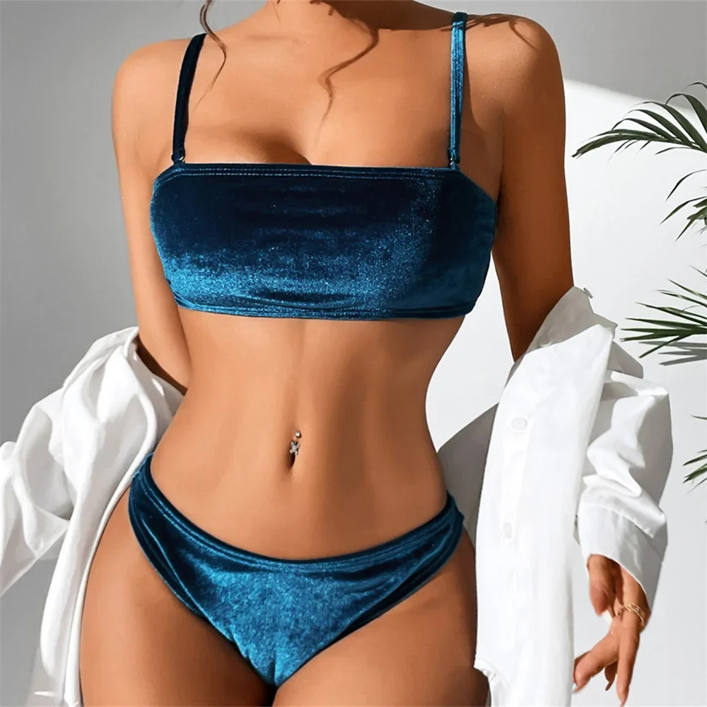 

Vintage Velvet Bikini Thong Straps Push Up Swimsuit Bandeau Swimwear Women's Beach Outfits Bikinis Bathing Suit Traje Bano Mujer