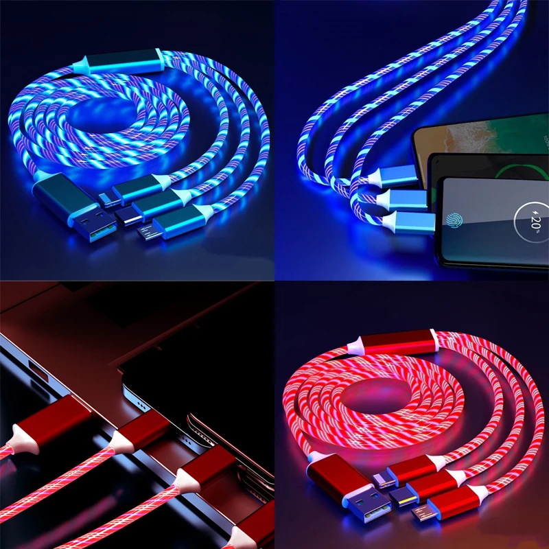 Cabo led brilhante 3 em 1 para samsung, xiaomi, iphone, luz fluida, carregador rápido, cabo usb c, cabo luminoso tipo c