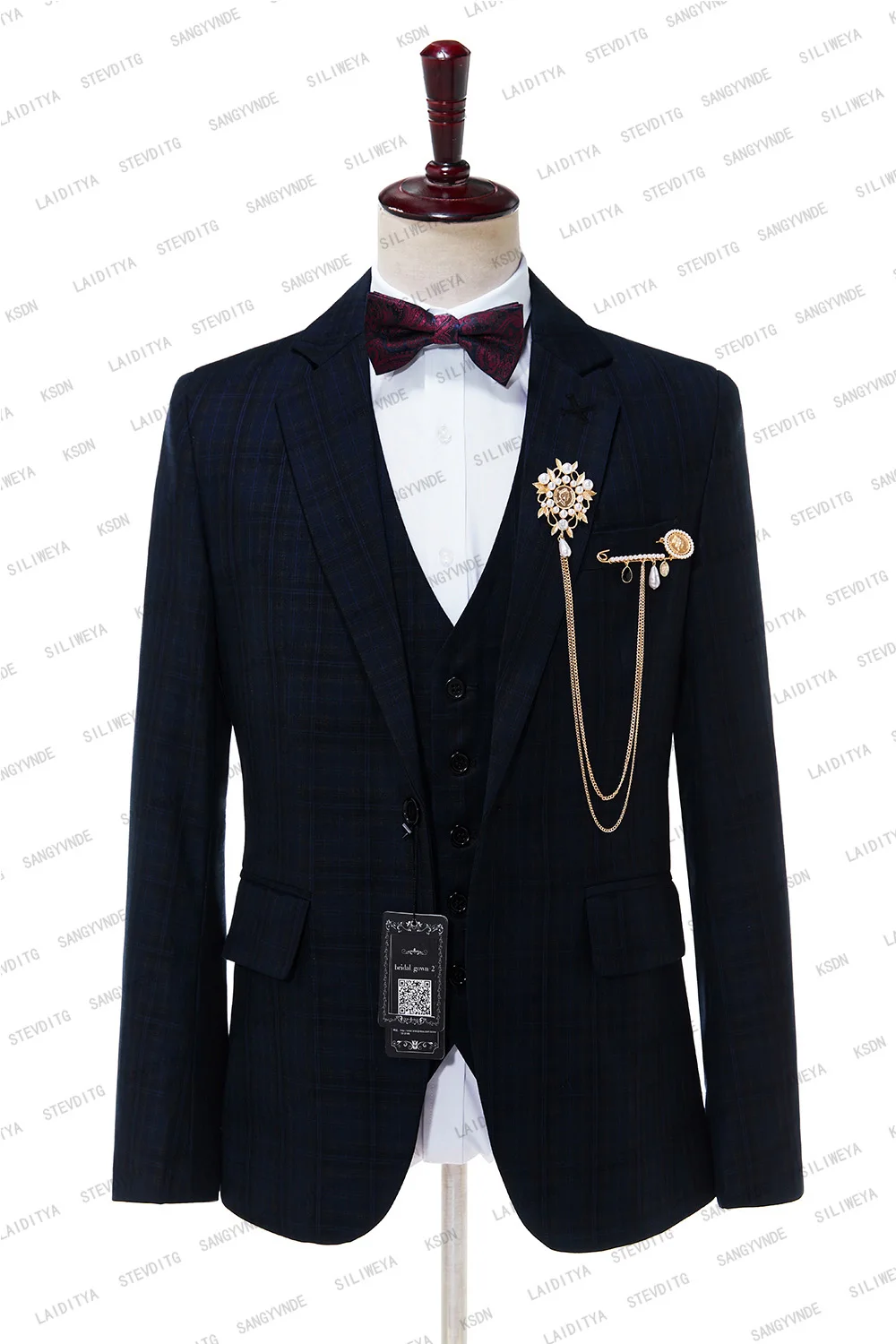 2023 New Arrival Wedding Suit Dark Blue Plaid Notched Lapel Slim Fit Business Regular Tuxedos 3Pcs（Blazer+Pants+Vest）Custom Made