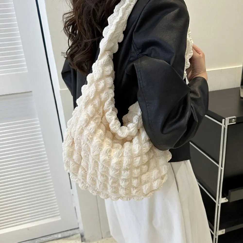 Women Plaid Quilted Large Capacity Tote Bag Crossbody Bag Solid Color Shoulder Bag Cute Pleated Bubbles Embroidered Satchel Bags