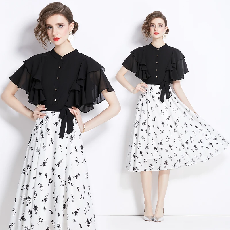 

Summer New French Niche Temperament Floral Dress Stand Collar Flying Sleeve Edible Tree Fungus Breasted A-Ling Long Skirt Women
