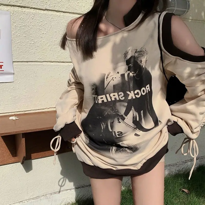 Punk Grunge Vintage Print Off Shoulder Hoodie Women Bandage Drawstring Long Sleeve Loose Sweatshirt 2024 Autumn Fashion Y2k Top