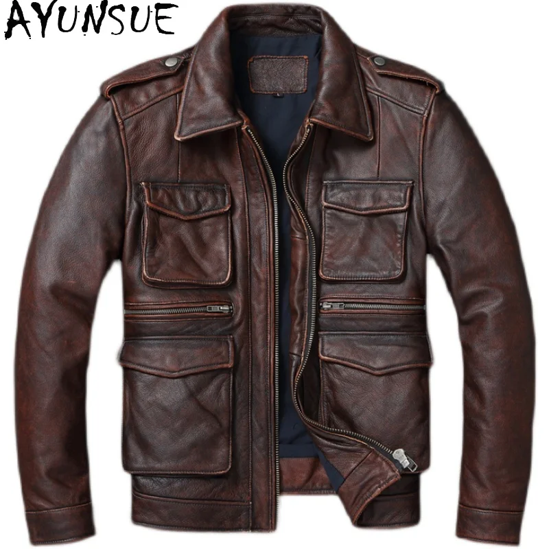 

AYUNSUE Men Leather Jacket Autumn Mens Clothing Retro Motorcycle Jacket Size S-6XL Short Coats Slim Fit Chamarras Para Hombre