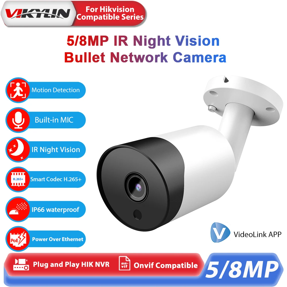 VIKYLIN 8MP IR IP Camera with MIC for Hikvision Compatible Motion Detection POE Security Camera Indoor Outdoor Home CCTV ONVIF