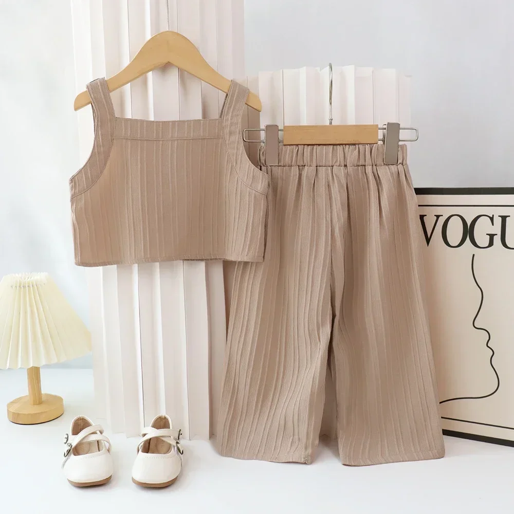 Khaki Girls' Casual Suit Loose Summer Square Collar Suspender Flower Embroidery Single Breasted Buckle Top+wide Leg Pants Set