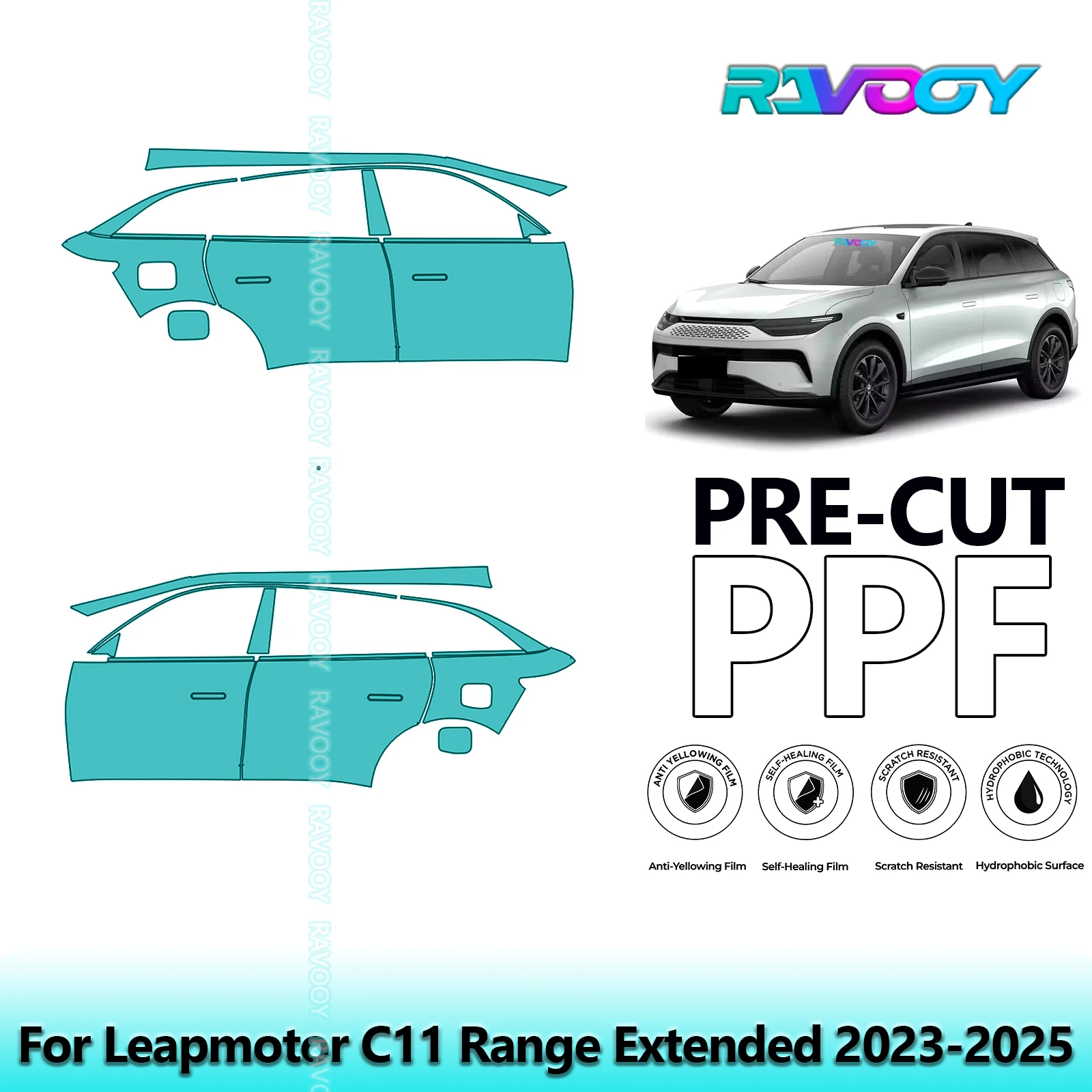 

For Leapmotor C11 Range Extended 2023-2025 8.5mil Clear Matte Pre-Cut PPF Door & A/B Pillar Kit TPU Paint Protection Film Set