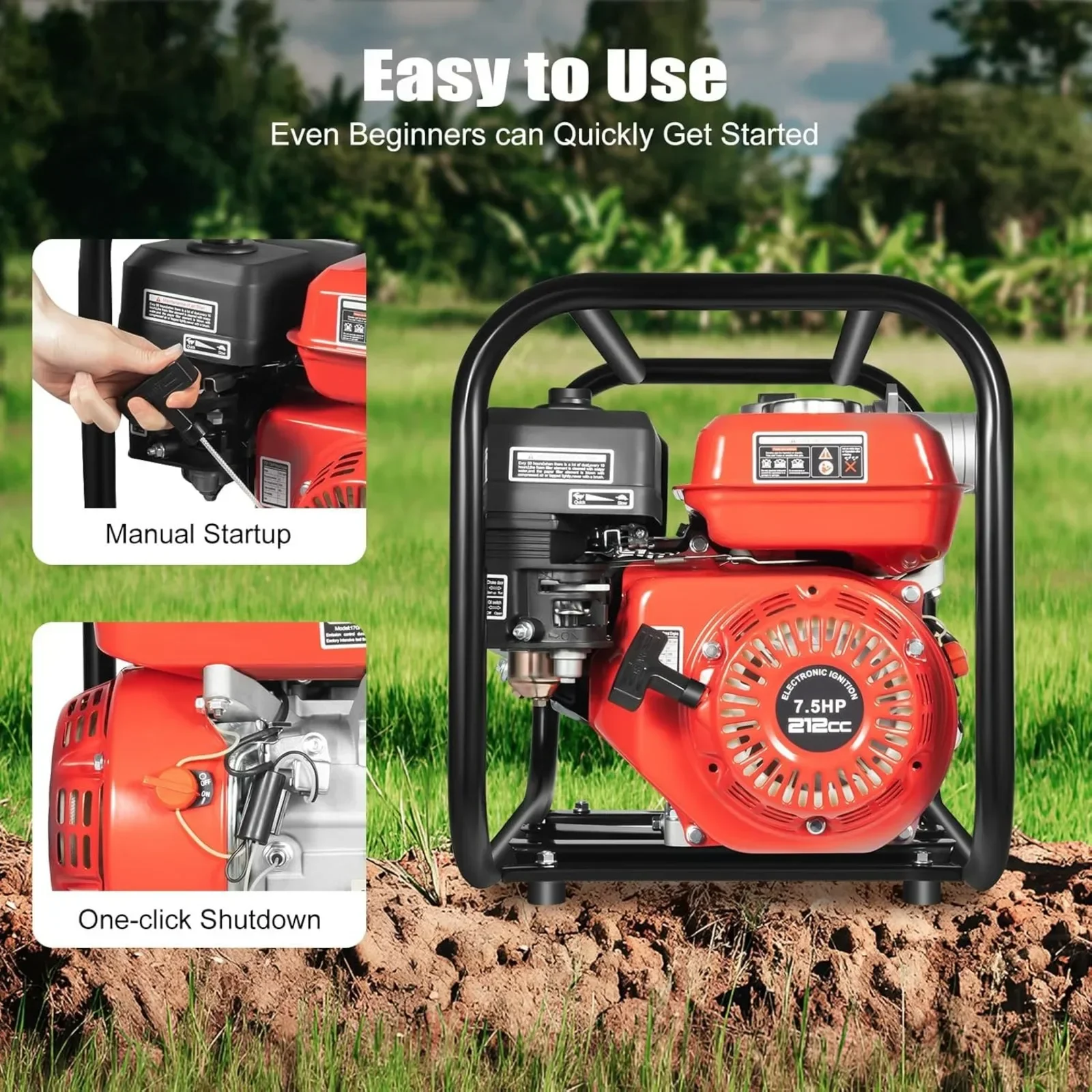 4 Stroke 3 Inch Gasoline Engine Water Pump, 7.5HP 212CC Air-cooled Gas Powered Trash Portable Transfer Water Transfer Pump