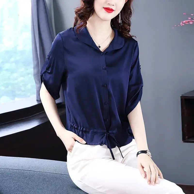 Summer Temperament Fashion Commuting Simple and Loose Casual Oversize Lapel Waist Collection Solid Color Short Sleeved Shirt